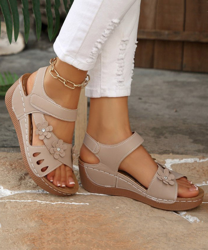 Women Hollow Out Floral Splicing Wedge Sandals Beige Faux Leather