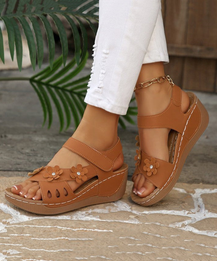 Women Hollow Out Floral Splicing Wedge Sandals Beige Faux Leather