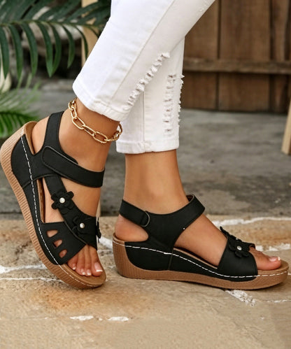 Women Hollow Out Floral Splicing Wedge Sandals Beige Faux Leather