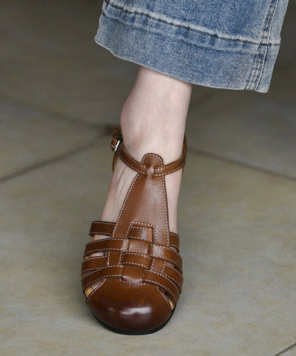Women Hollow Out Sandals Brown Sheepskin
