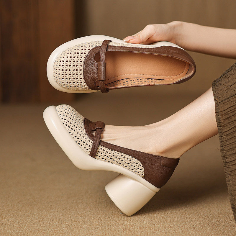 Women Hollow Out Splicing Chunky High Heels Beige Sheepskin