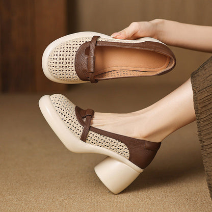 Women Hollow Out Splicing Chunky High Heels Beige Sheepskin