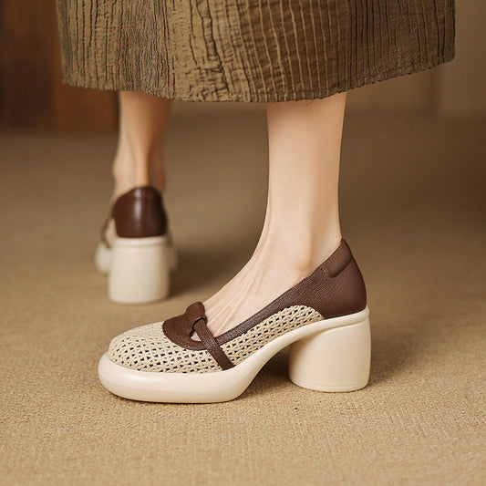 Women Hollow Out Splicing Chunky High Heels Beige Sheepskin
