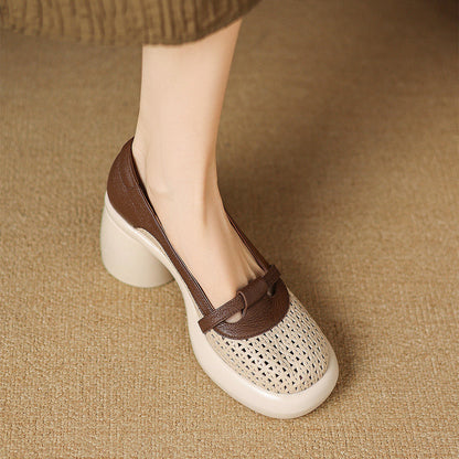 Women Hollow Out Splicing Chunky High Heels Beige Sheepskin