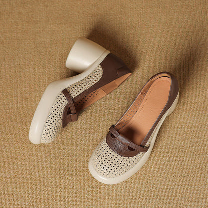 Women Hollow Out Splicing Chunky High Heels Beige Sheepskin