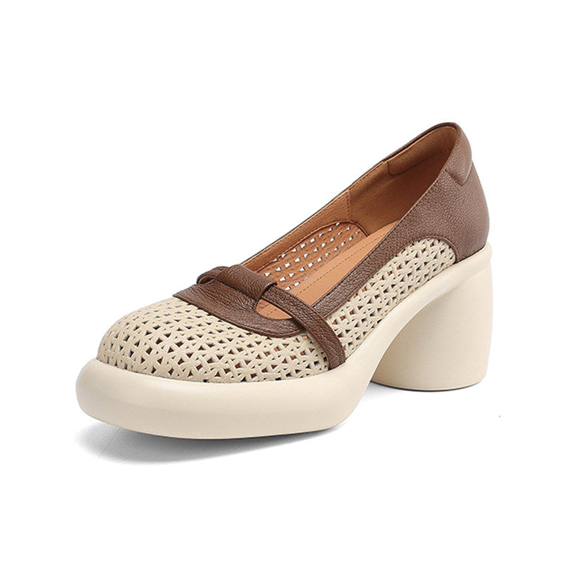 Women Hollow Out Splicing Chunky High Heels Beige Sheepskin
