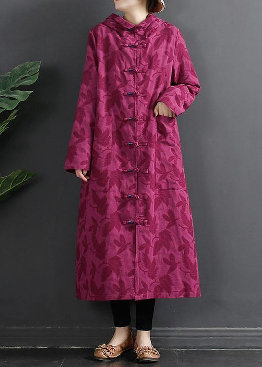 Women Hooded Chinese Button Rose Jacquard Robes Dress - SooLinen