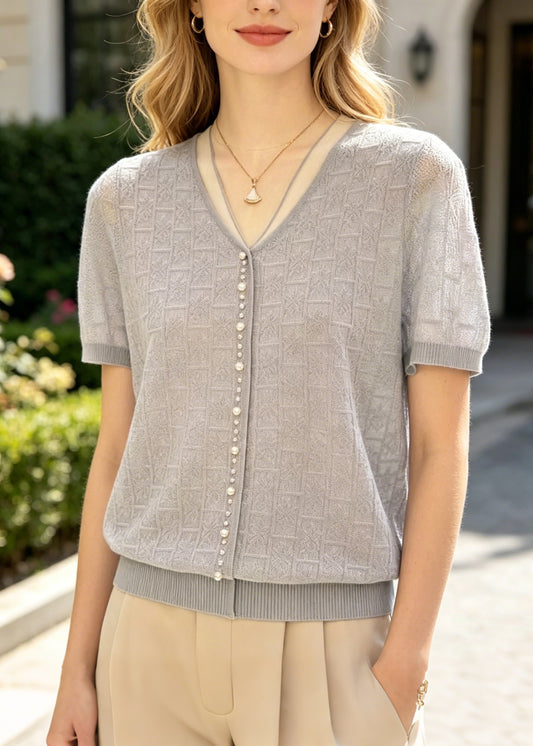 Women Jacquard Handmade Pearl Knit Top Summer
