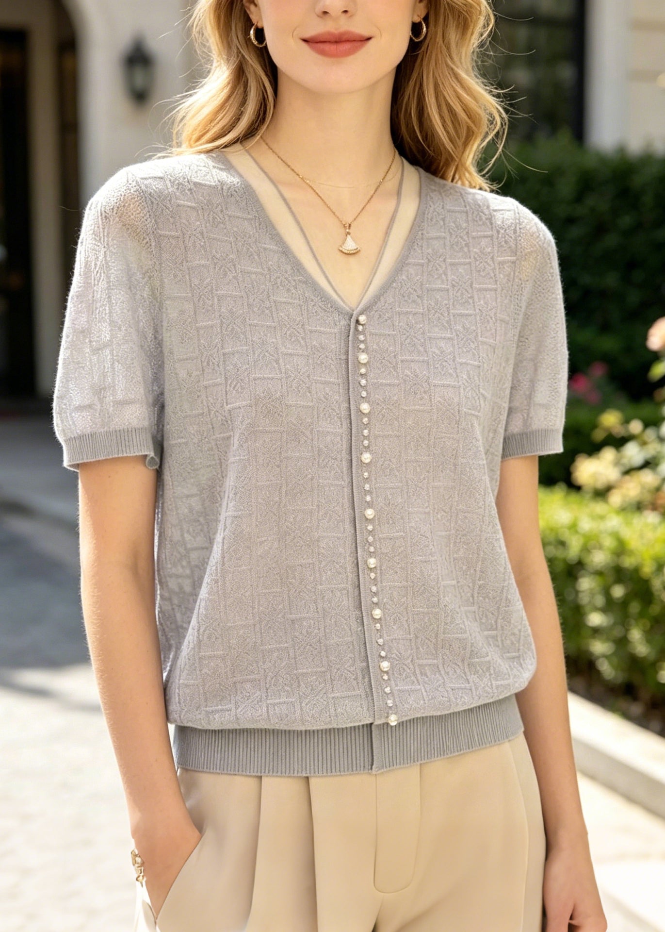 Women Jacquard Handmade Pearl Knit Top Summer