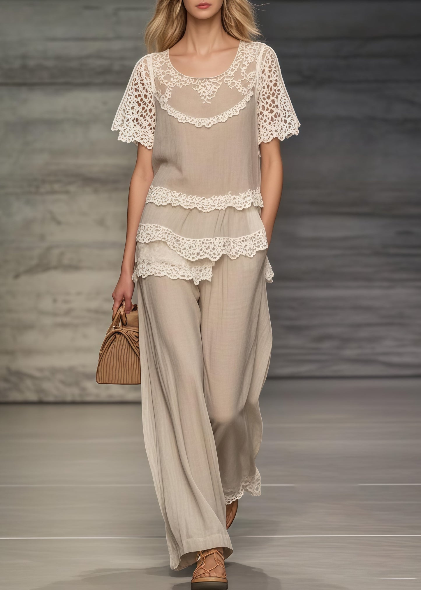 Women Khaki Asymmetrical Patchwork Lace Two Pieces Set Summer