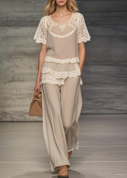 Women Khaki Asymmetrical Patchwork Lace Two Pieces Set Summer