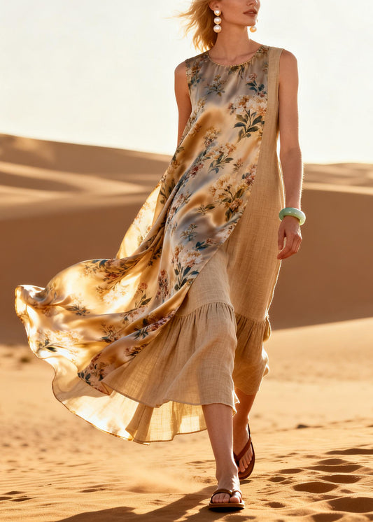Women Khaki Asymmetrical Patchwork Linen Silk Maxi Dresses Summer