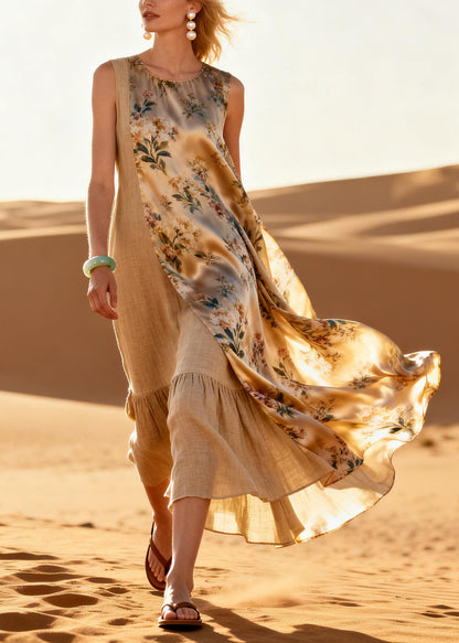 Women Khaki Asymmetrical Patchwork Linen Silk Maxi Dresses Summer