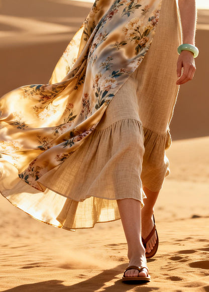 Women Khaki Asymmetrical Patchwork Linen Silk Maxi Dresses Summer