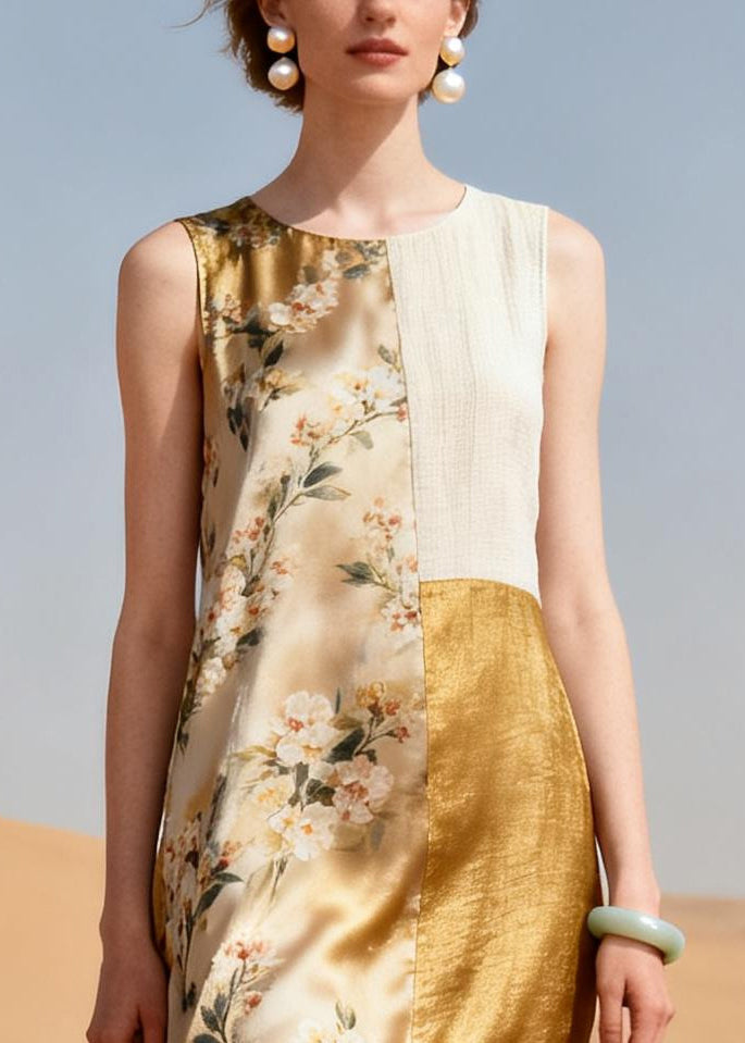 Women Khaki Asymmetrical Patchwork Silk Maxi Dress Summer
