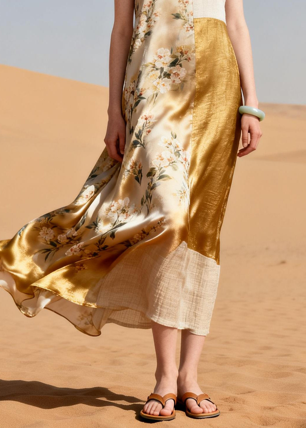 Women Khaki Asymmetrical Patchwork Silk Maxi Dress Summer
