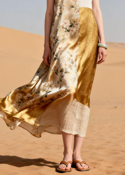 Women Khaki Asymmetrical Patchwork Silk Maxi Dress Summer