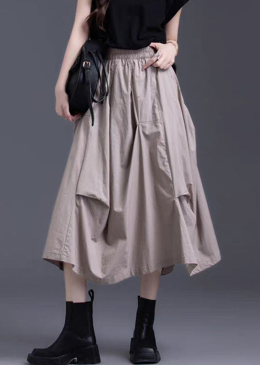 Women Khaki Asymmetrical Wrinkled Elastic Waist Cotton Skirt
