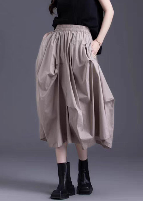 Women Khaki Asymmetrical Wrinkled Elastic Waist Cotton Skirt