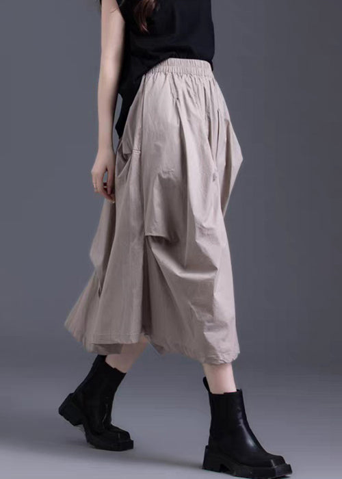 Women Khaki Asymmetrical Wrinkled Elastic Waist Cotton Skirt