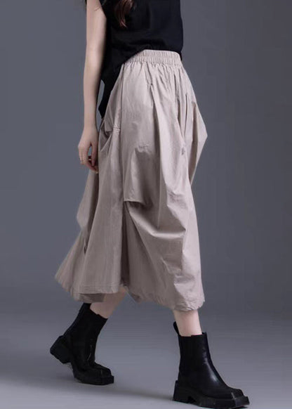 Women Khaki Asymmetrical Wrinkled Elastic Waist Cotton Skirt