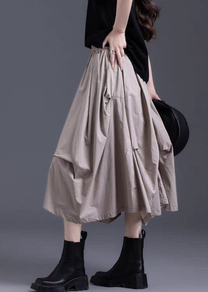 Women Khaki Asymmetrical Wrinkled Elastic Waist Cotton Skirt