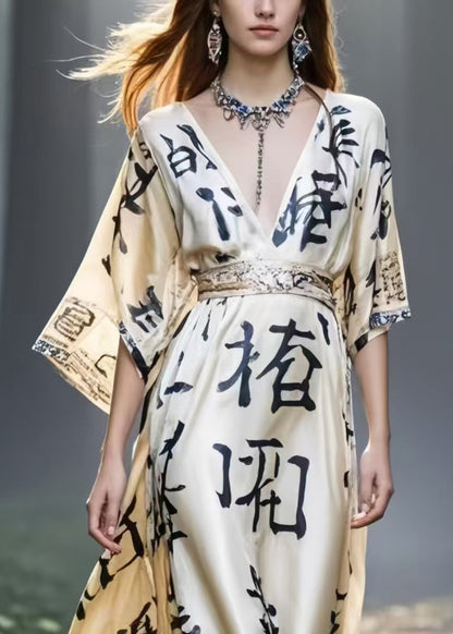 Women Khaki Cinched Print Silk Maxi Dresses Summer