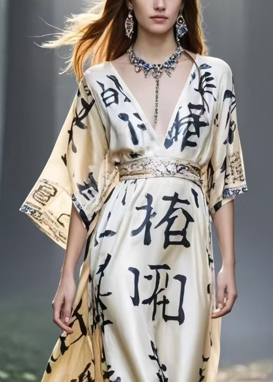 Women Khaki Cinched Print Silk Maxi Dresses Summer