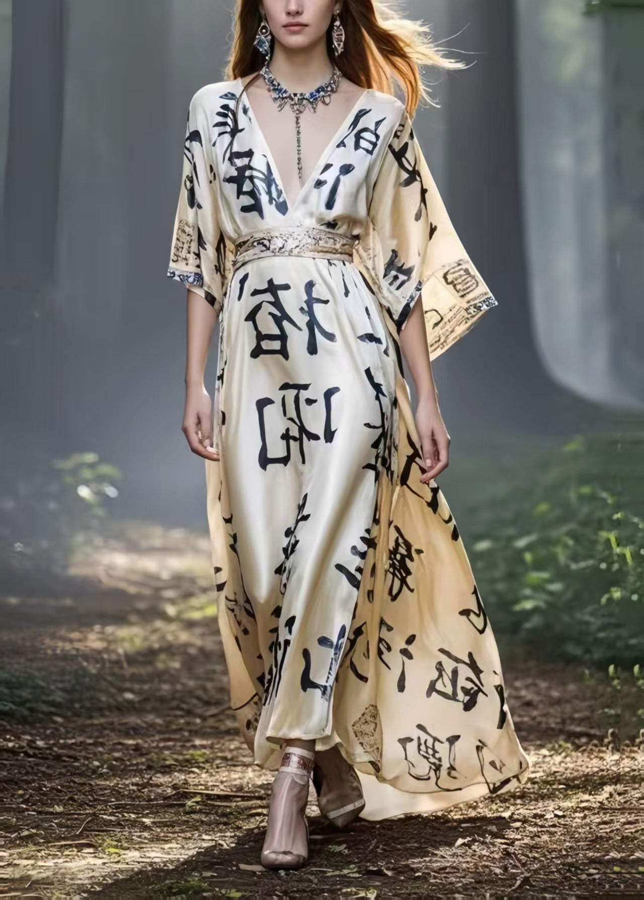 Women Khaki Cinched Print Silk Maxi Dresses Summer