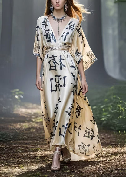 Women Khaki Cinched Print Silk Maxi Dresses Summer