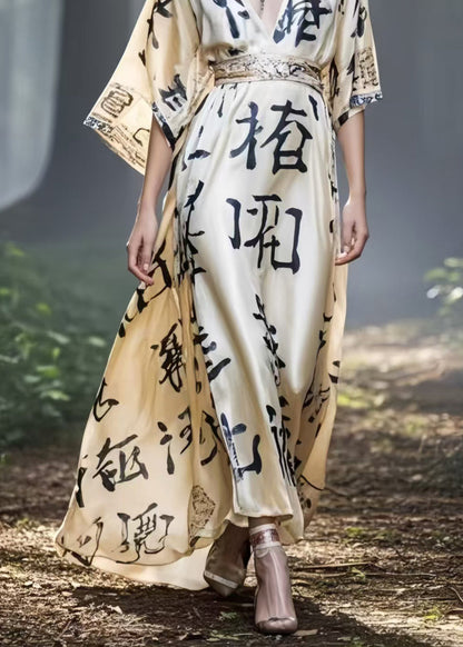 Women Khaki Cinched Print Silk Maxi Dresses Summer