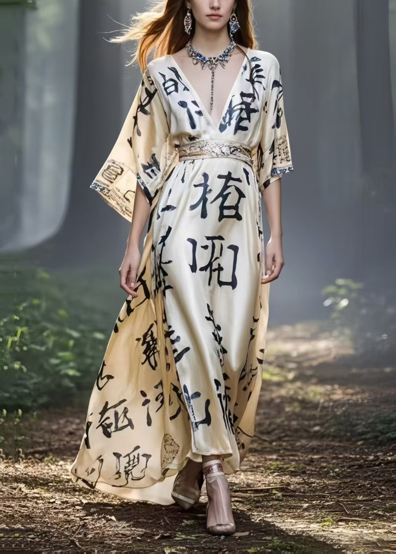 Women Khaki Cinched Print Silk Maxi Dresses Summer