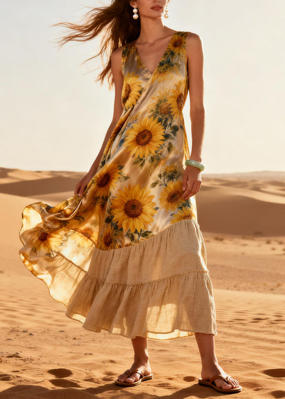 Women Khaki Daisy Patchwork Linen Silk Maxi Dresses Summer