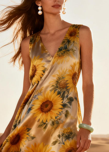 Women Khaki Daisy Patchwork Linen Silk Maxi Dresses Summer