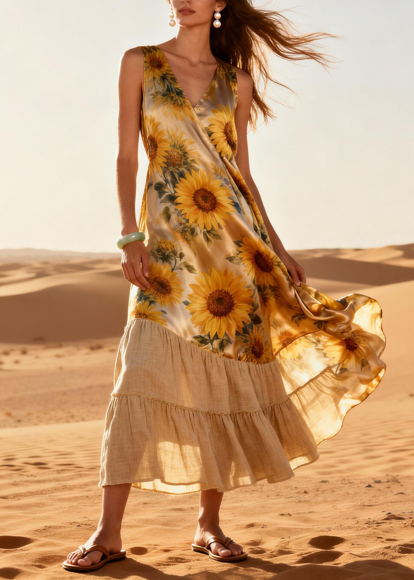 Women Khaki Daisy Patchwork Linen Silk Maxi Dresses Summer