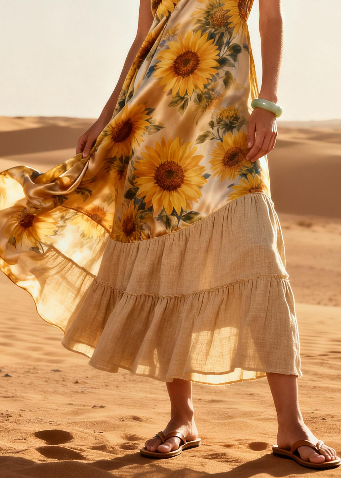 Women Khaki Daisy Patchwork Linen Silk Maxi Dresses Summer