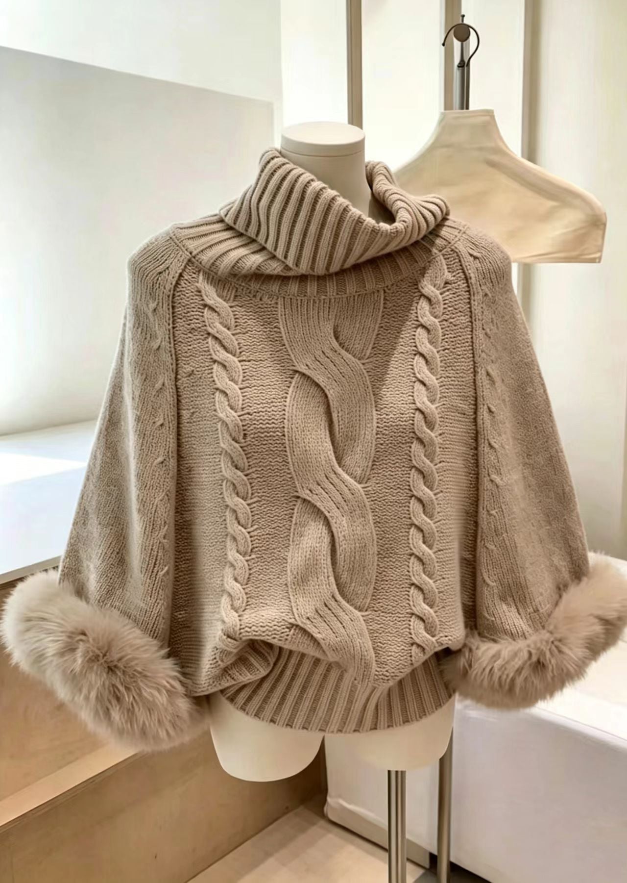 Women Khaki High Neck Faux Fur Cuffs Cable Knit Sweaters Fall