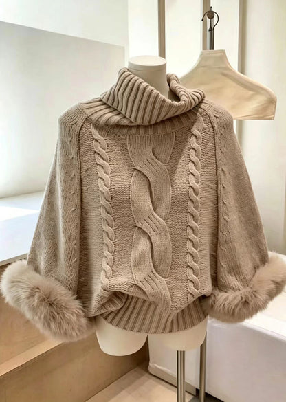 Women Khaki High Neck Faux Fur Cuffs Cable Knit Sweaters Fall