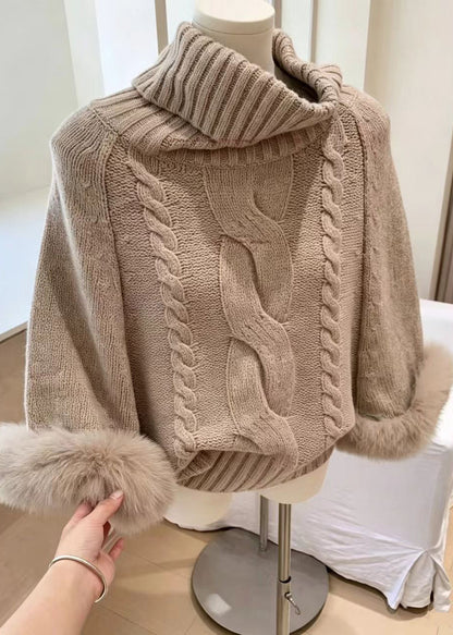 Women Khaki High Neck Faux Fur Cuffs Cable Knit Sweaters Fall