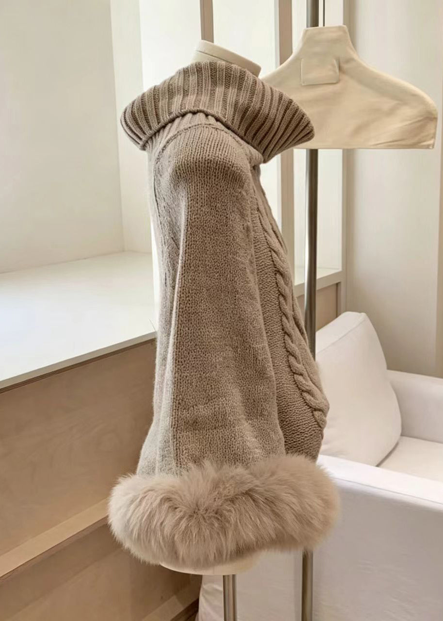 Women Khaki High Neck Faux Fur Cuffs Cable Knit Sweaters Fall
