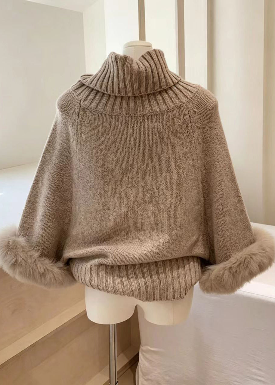 Women Khaki High Neck Faux Fur Cuffs Cable Knit Sweaters Fall