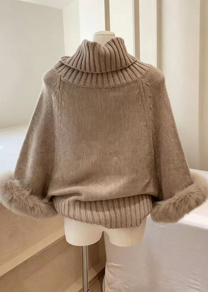 Women Khaki High Neck Faux Fur Cuffs Cable Knit Sweaters Fall