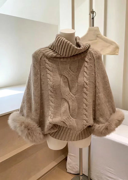 Women Khaki High Neck Faux Fur Cuffs Cable Knit Sweaters Fall