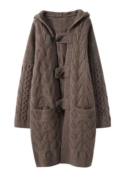 Women Khaki Hooded Oversized Cashmere Long Cardigans Winter