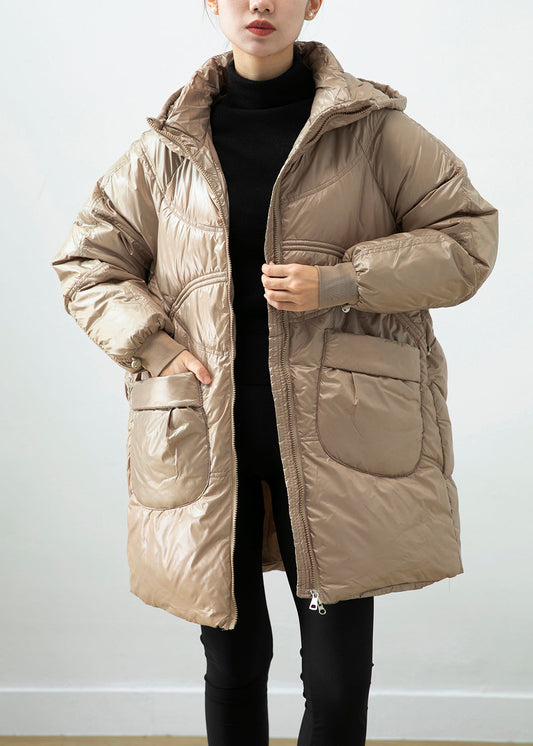 Women Khaki Hooded Pockets Fine Cotton Filled Winter Coats Winter