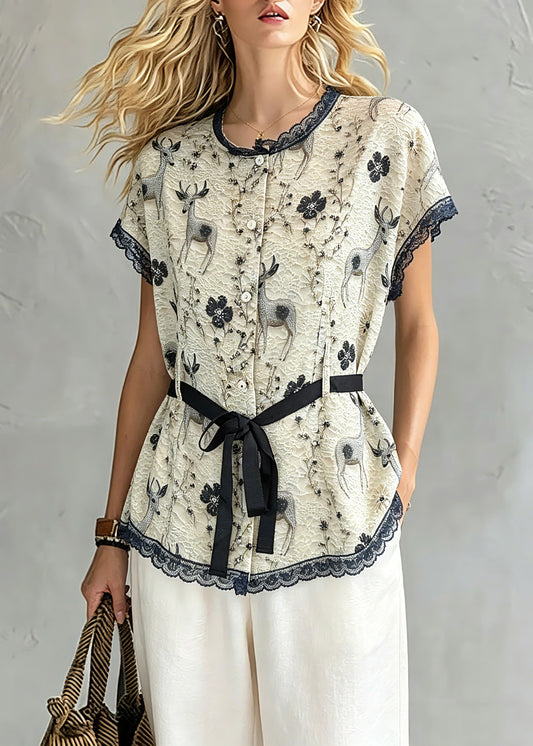 Women Khaki Lace Patchwork Tie Waist Silk Tops Short Sleeve