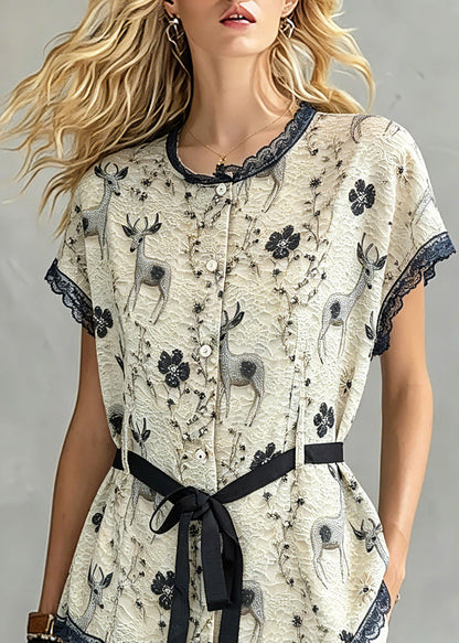 Women Khaki Lace Patchwork Tie Waist Silk Tops Short Sleeve