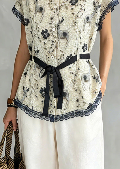 Women Khaki Lace Patchwork Tie Waist Silk Tops Short Sleeve