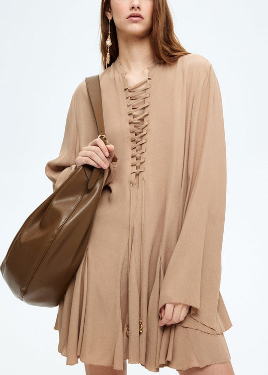 Women Khaki Lace Up Solid Cotton Mini Dress Flare Sleeve