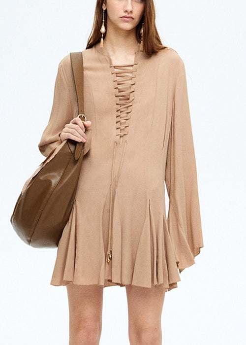 Women Khaki Lace Up Solid Cotton Mini Dress Flare Sleeve